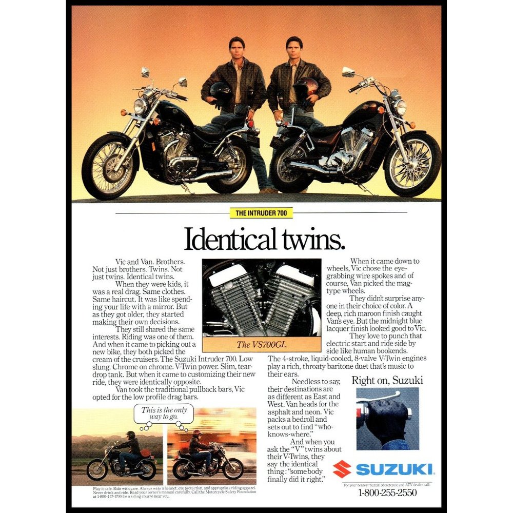 1987 Suzuki VS700GL Intruder Motorcycle Vintage Print Ad Identical Twins Photo